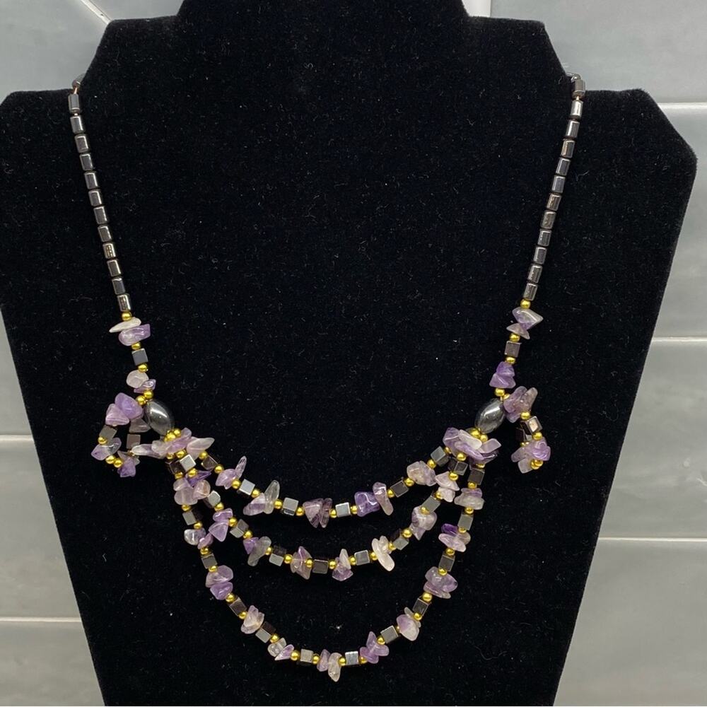 Artisan Amethyst multi Strand Violet And hematite necklace artsy fairy